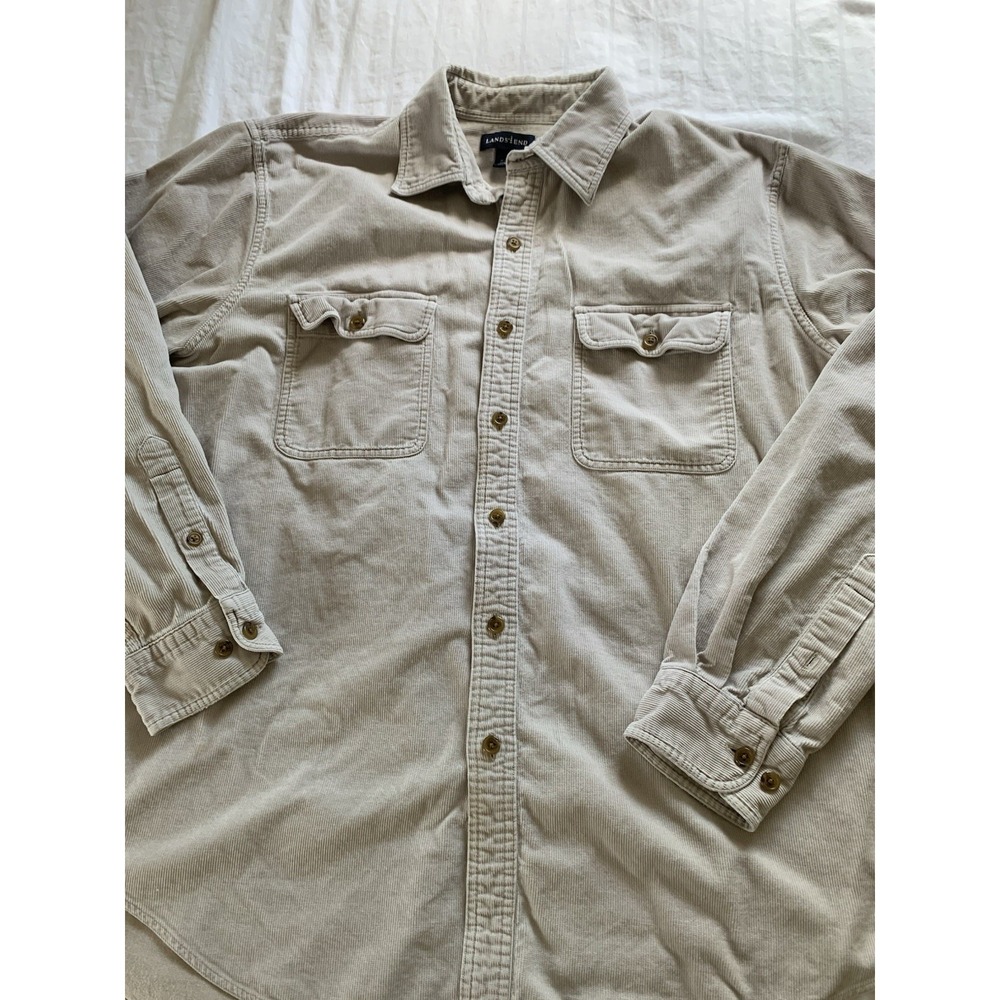 Lands' End Mens Corduroy Full Button Beige Mens Shirt Large